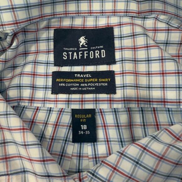 Stafford Long Sleeve Button Up Dress Shirt Mens 18 34-35 White Plaid Regular Fit - Picture 3 of 4